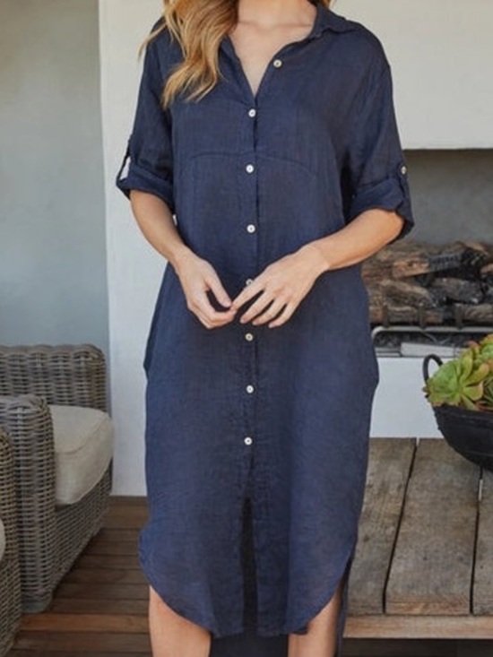 Milio Milano Dresses & Skirts - Milio Milano Solid Midi-Length Linen Dress - Navy Blue Size M